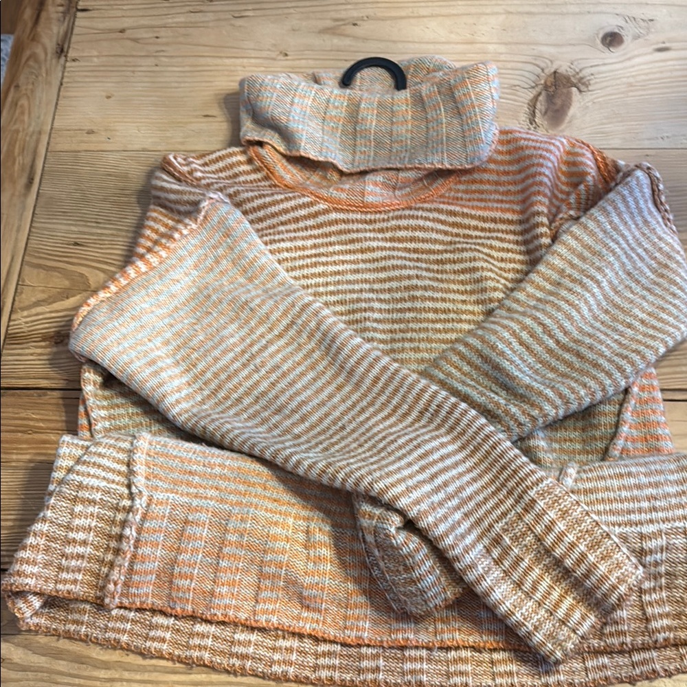 CAbi Orange and Cream Cowl Neck Sweater with Chunky Knit